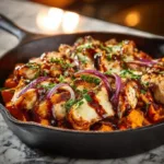 BBQ chicken sweet potato skillet in a pan filled with colorful ingredients